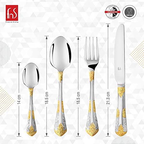 Gold-plated cutlery set with spoon, fork, knife, teaspoon, dimensions shown for each piece.