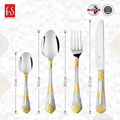 Gold-plated cutlery set with spoon, fork, knife, teaspoon, dimensions shown for each piece.