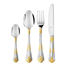 Knife, fork, tablespoon, and teaspoon with ornate gold-silver handles displayed vertically on white background.