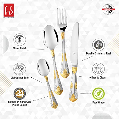Elegant cutlery set with 24K gold plating, mirror finish, dishwasher safe, durable stainless steel.