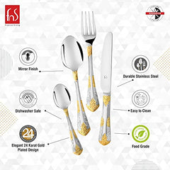 Elegant cutlery set with 24K gold plating, mirror finish, dishwasher safe, durable stainless steel.
