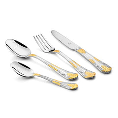Premium spoon, fork, knife, and teaspoon with intricate golden accents shown diagonally on white backdrop.