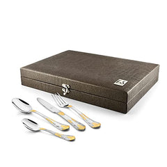 Elegant brown storage case beside four-piece gold-detailed cutlery set, including fork, knives, and spoons.