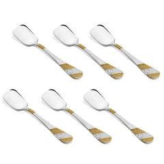 Six dessert spoons with silver bodies and decorative gold textured bands on handles