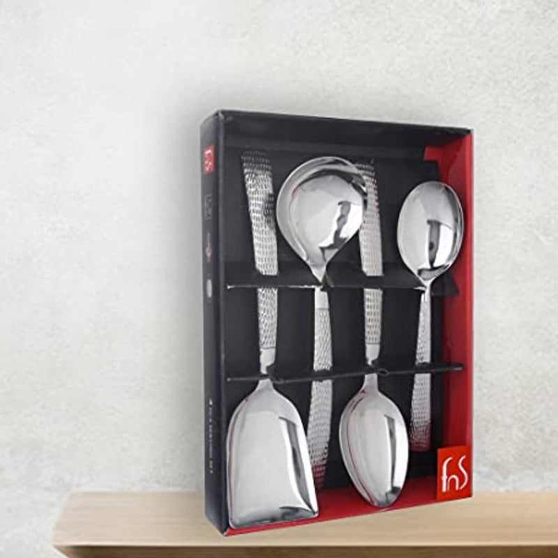 FNS Madrid stainless steel 4 piece serving spoon set displayed in red and black gift box on wooden shelf for premium dining.