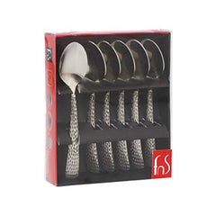 FNS Madrid 6-piece hammered textured coffee spoon set in retail packaging box with transparent window, stainless steel cutlery displayed for purchase or gifting.
