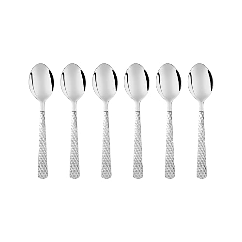 Six piece FNS Madrid baby spoon set featuring mirror finish stainless steel bowls with elegant hammered texture handles arranged in row on white