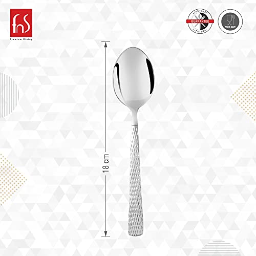 Single stainless steel spoon measurement diagram showing 18 cm length, with Premium Diary brand logo and Made in India certification marks