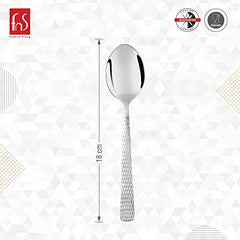 Single stainless steel spoon measurement diagram showing 18 cm length, with Premium Diary brand logo and Made in India certification marks