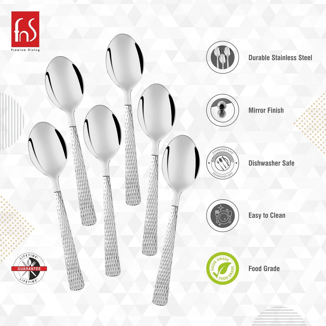 FnS Premium Dining stainless steel spoons with textured handles displayed with product features including durable stainless steel, mirror finish, dishwasher safe, easy to clean, and food grade certification with lifetime guarantee badge