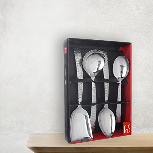 FNS Madrid 4 piece serving spoon set in elegant red bordered gift packaging with FNS branding on wooden surface display.