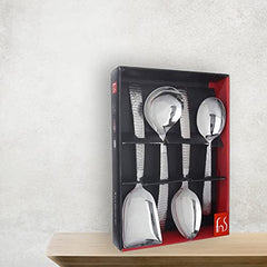  FNS Madrid 4 piece serving spoon set in elegant red bordered gift packaging with FNS branding on wooden surface display.