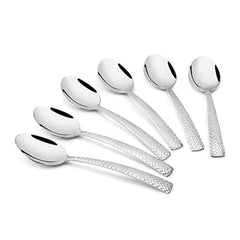 FNS Madrid stainless steel baby spoon set of 6 pieces with mirror polished bowls and premium hammered textured handles displayed at angle