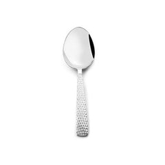 FNS Madrid 1-piece stainless steel serving spoon with hammered textured handle and mirror polish finish bowl on clean white background