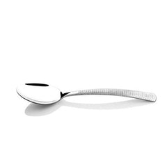 FNS Madrid 1-piece stainless steel vegetable serving spoon with textured grid pattern handle and mirror finish bowl on white background