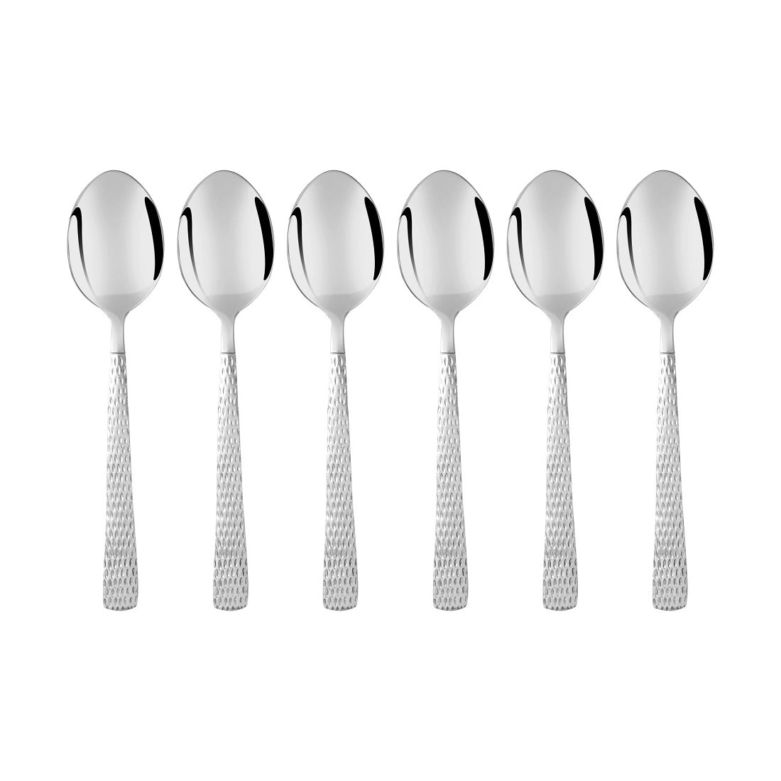 Set of six FnS Premium Dining stainless steel spoons with textured handles arranged in a row on white background showing mirror finish