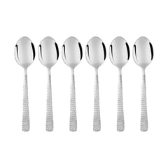 Set of six FnS Premium Dining stainless steel spoons with textured handles arranged in a row on white background showing mirror finish