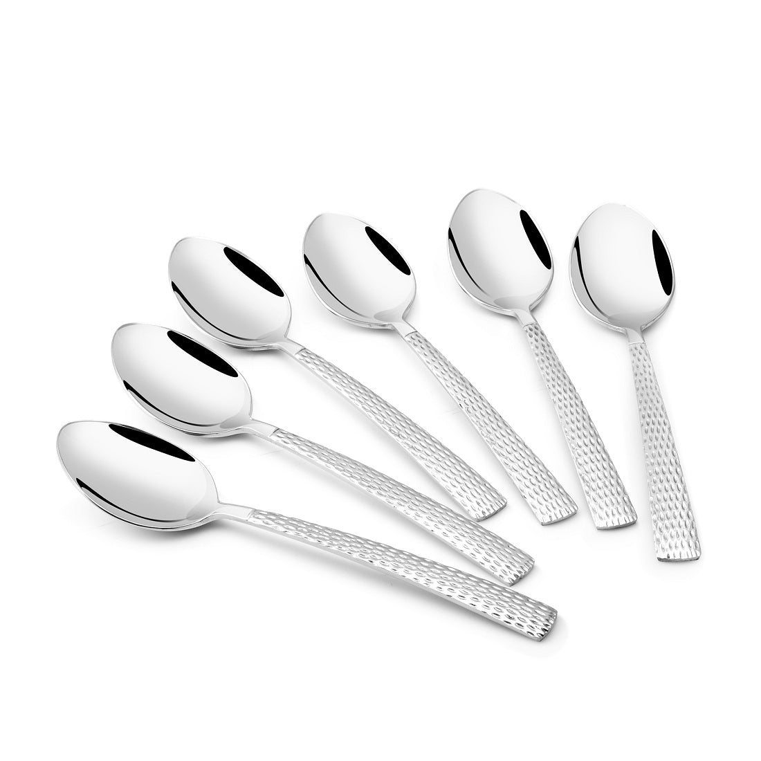 Six FnS Premium Dining stainless steel spoons with textured handles arranged in an overlapping diagonal pattern on white background displaying mirror finish quality