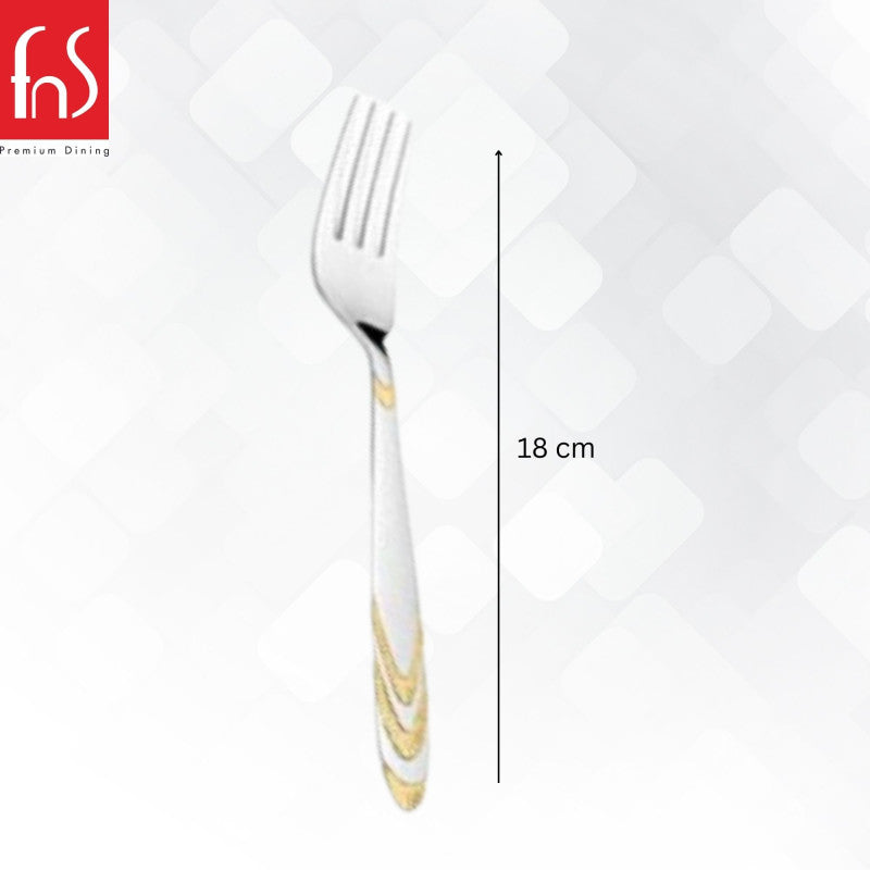 Single stainless steel dinner fork with gold decorative handle measuring 18 cm length