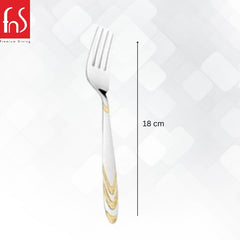 Single stainless steel dinner fork with gold decorative handle measuring 18 cm length