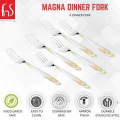 FnS Magna dinner fork set promotional image showing six gold-accented forks with features