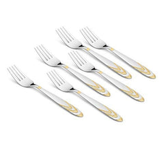 Set of six stainless steel dinner forks with gold decorative handles on whiteRetry