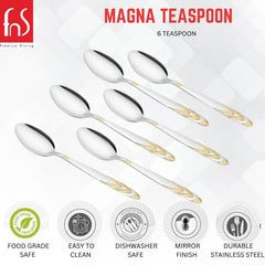 Magna teaspoon set of six with gold accent handles, featuring product icons for food grade safe, easy clean, dishwasher safe, mirror finish, and durable stainless steel.