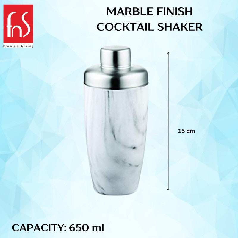 FNS marble finish cocktail shaker showing 650ml capacity and 15cm height dimension specification