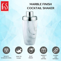 FNS marble finish cocktail shaker infographic showing quality stainless steel, easy to clean, rust proof, perfect for gifting, and durable features