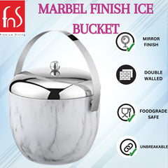 FNS marble finish ice bucket infographic highlighting mirror finish lid and handle, double walled insulation, food grade safe, and unbreakable construction