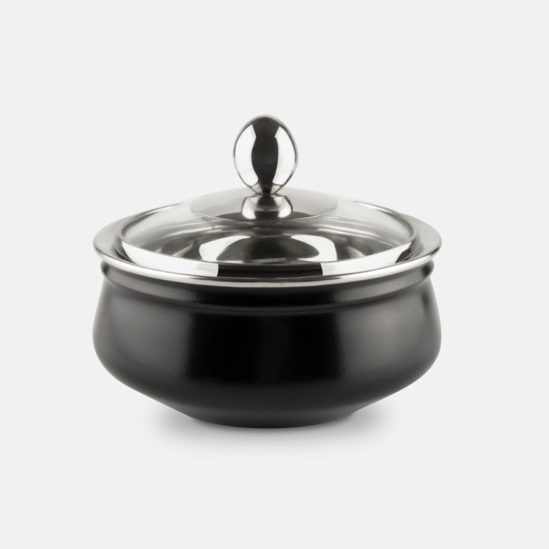 Front view of FNS matte black stainless steel handi serving bowl with polished steel lid and round knob on white background