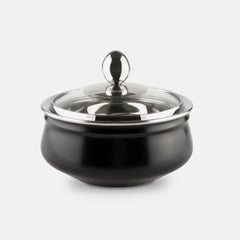 Front view of FNS matte black stainless steel handi serving bowl with polished steel lid and round knob on white background