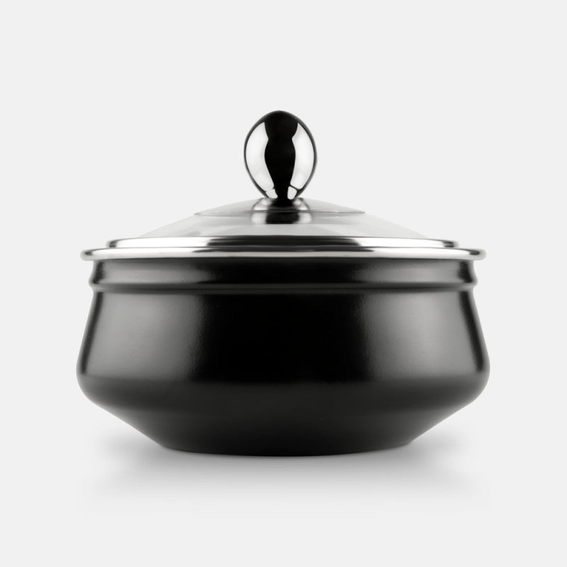 Side view of FNS matte black stainless steel handi serving bowl with polished steel lid and round black knob on white background