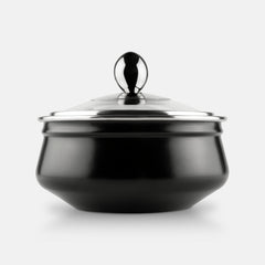 Side view of FNS matte black stainless steel handi serving bowl with polished steel lid and round black knob on white background