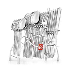 Stainless steel cutlery set with hanging wire stand displaying spoons, forks, and knives organized vertically