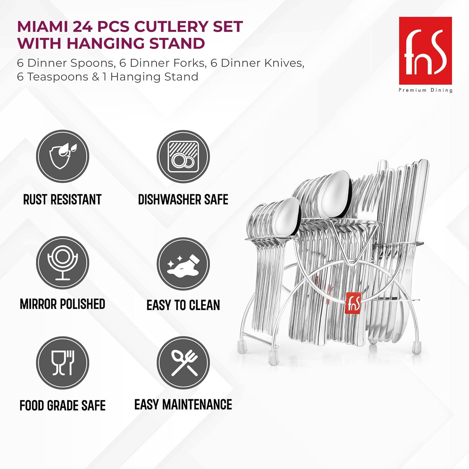 Product features infographic showing rust resistant, dishwasher safe, mirror polished, easy maintenance properties with cutlery stand