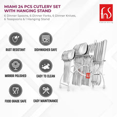 Product features infographic showing rust resistant, dishwasher safe, mirror polished, easy maintenance properties with cutlery stand