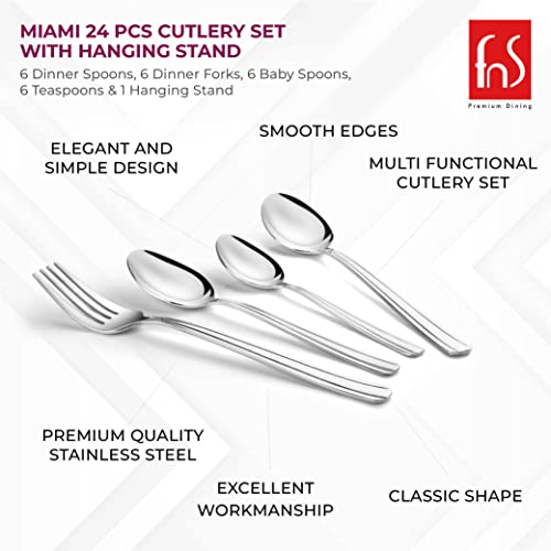 Product features infographic highlighting rust resistant, dishwasher safe, mirror polished properties with cutlery stand image