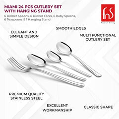 Product features infographic highlighting rust resistant, dishwasher safe, mirror polished properties with cutlery stand image