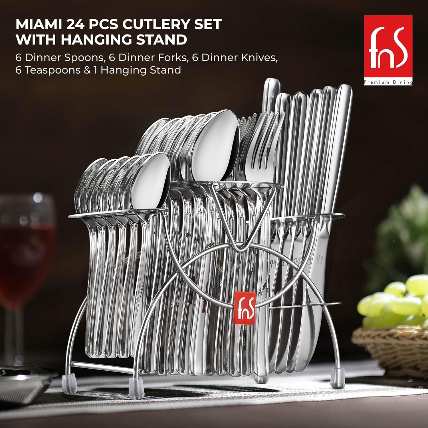 Miami 24-piece cutlery set with hanging stand by FnS Premium Dining, featuring polished stainless steel utensils