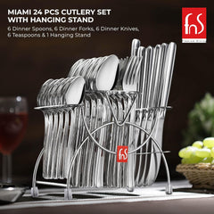 Miami 24-piece cutlery set with hanging stand by FnS Premium Dining, featuring polished stainless steel utensils