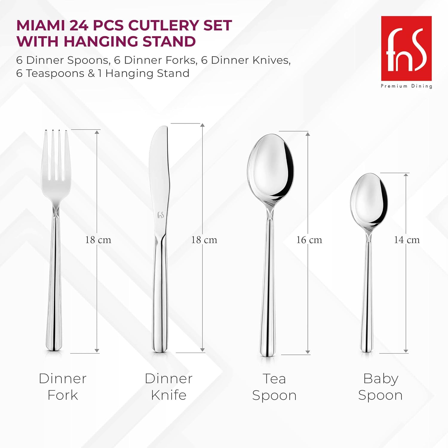 Size specifications chart showing cutlery dimensions: dinner fork 18cm, knife 18cm, tea spoon 16cm, baby spoon 14cmRetry