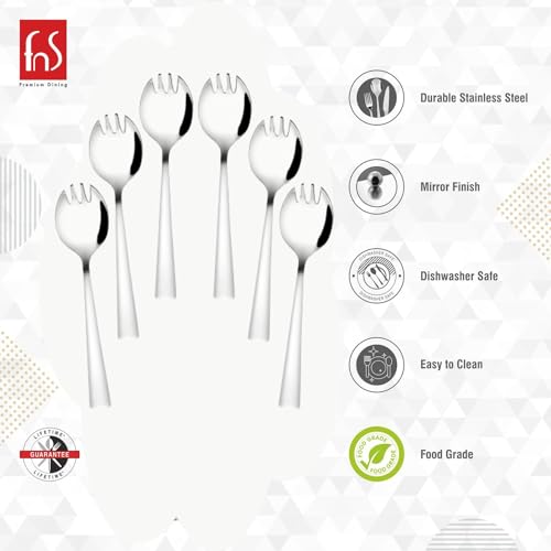 FNS Milan spork features infographic highlighting durable stainless steel, mirror finish, dishwasher safe, easy to clean and food grade safe properties