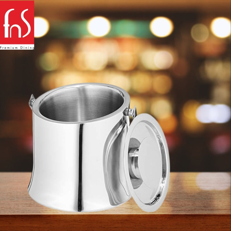 FNS Mirage stainless steel ice bucket with mirror finish, double wall, food-safe icons.