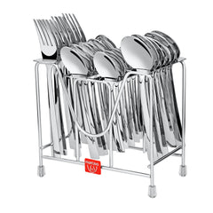 Polished stainless steel cutlery set with flat handles displayed in compact silver rack on white background.