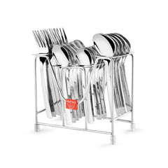 Complete stainless steel cutlery set stored upright in sleek metal stand with FNS Montavo branding.