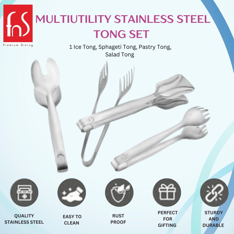 fns multiutility stainless steel tong set product showcase ice tong spaghetti tong pastry tong salad tong quality features infographic