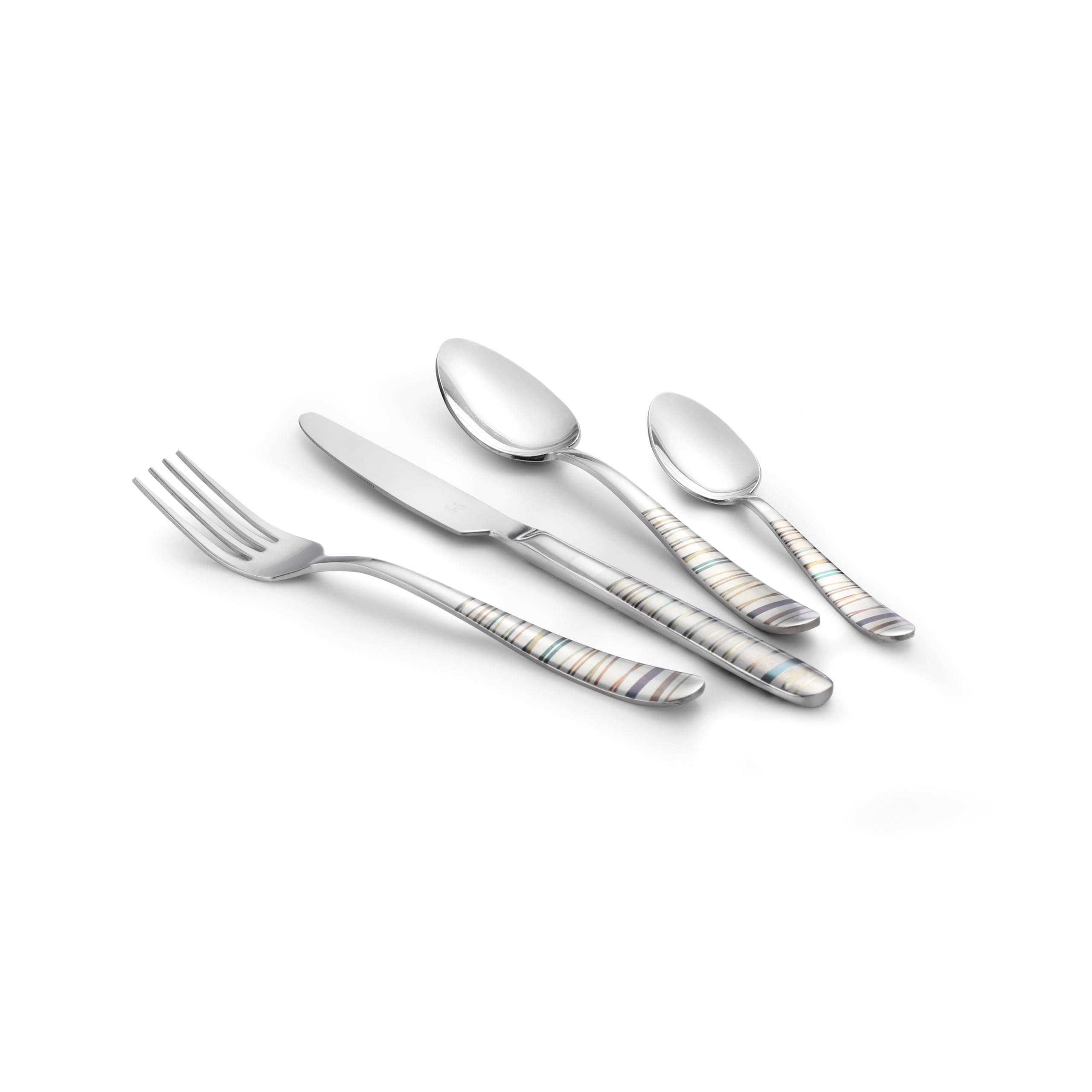 Four-piece Navia place setting displayed on white background showing fork, knife, and two spoons with decorative striped handles for elegant formal dining.