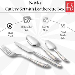 Premium dining brand logo with Navia Cutlery Set title featuring four silver utensils with striped handles and product features: rust proof, dishwasher safe, easy to clean, and food grade safe.