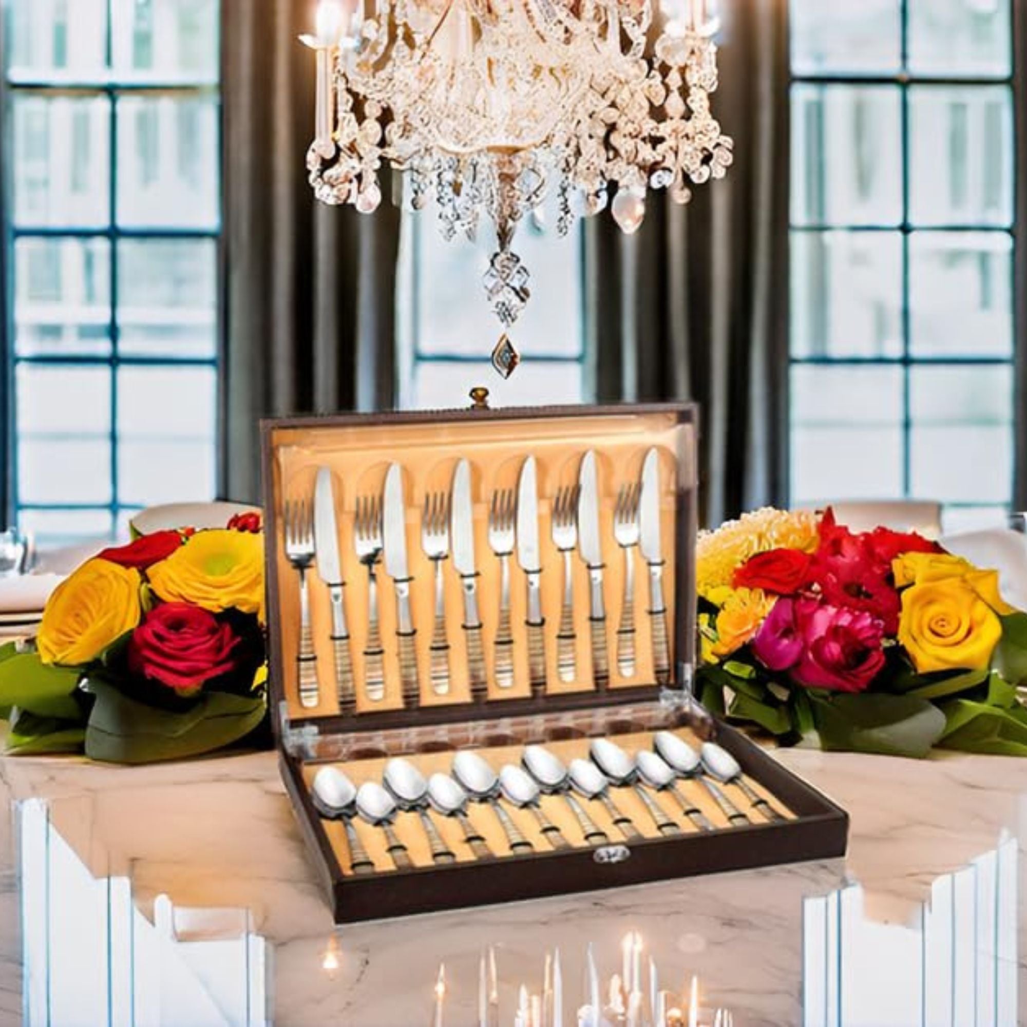 Luxury formal dining setting showcasing opened Navia cutlery case with flowers, crystal chandelier, elegant table linens, and sophisticated home décor background.